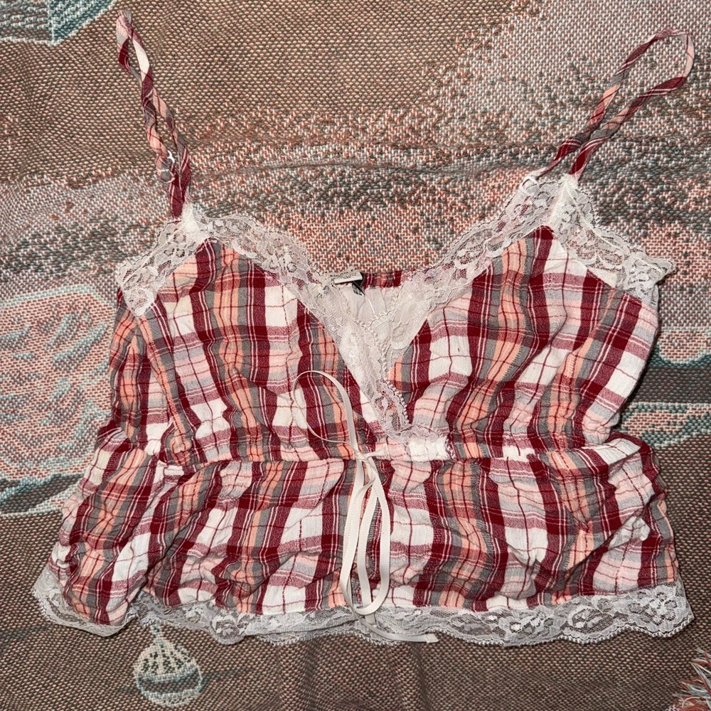 American Eagle Outfitters Red and White Plaid Cami with Lace